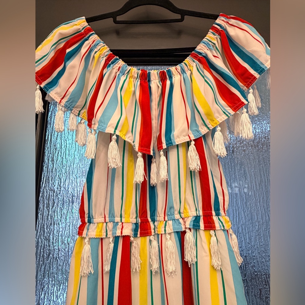 XOXO Off Shoulder Multicolor Striped High Low Maxi Dress Tassle Trim Boho Size M - Picture 5 of 11